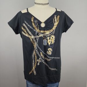 Ever Blue Black Cold Shoulder Top Gold Chain Sz 3X